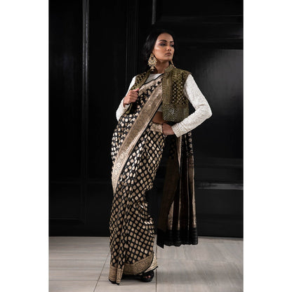 Neha Tarun Ivory Embroidered Saree and Jacket with Stitched Blouse