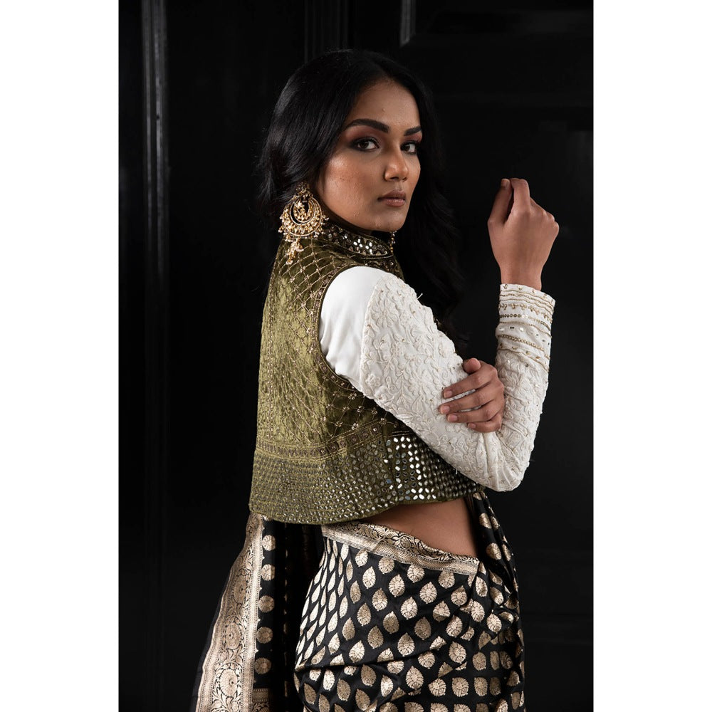 Neha Tarun Ivory Embroidered Saree and Jacket with Stitched Blouse