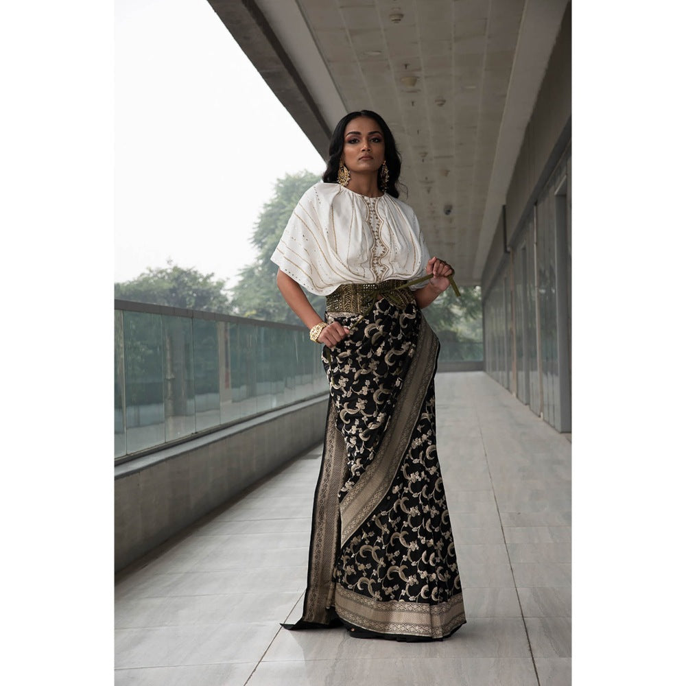 Neha Tarun Ivory Saree with Embroidered Cowl Top and Belt