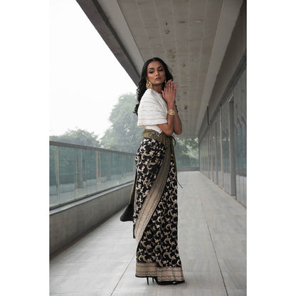 Neha Tarun Ivory Saree with Embroidered Cowl Top and Belt