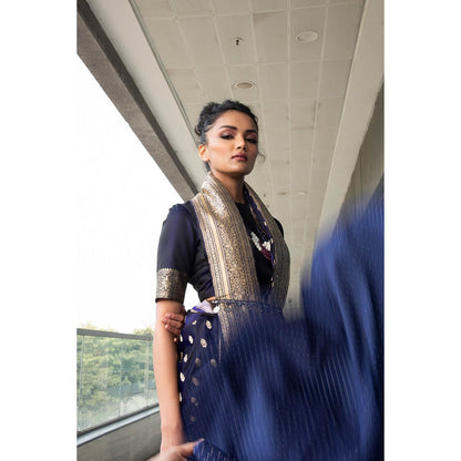 Neha Tarun Navy Blue Pure Katan Silk Saree and Belt with Stitched Blouse