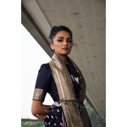 Neha Tarun Navy Blue Pure Katan Silk Saree and Belt with Stitched Blouse
