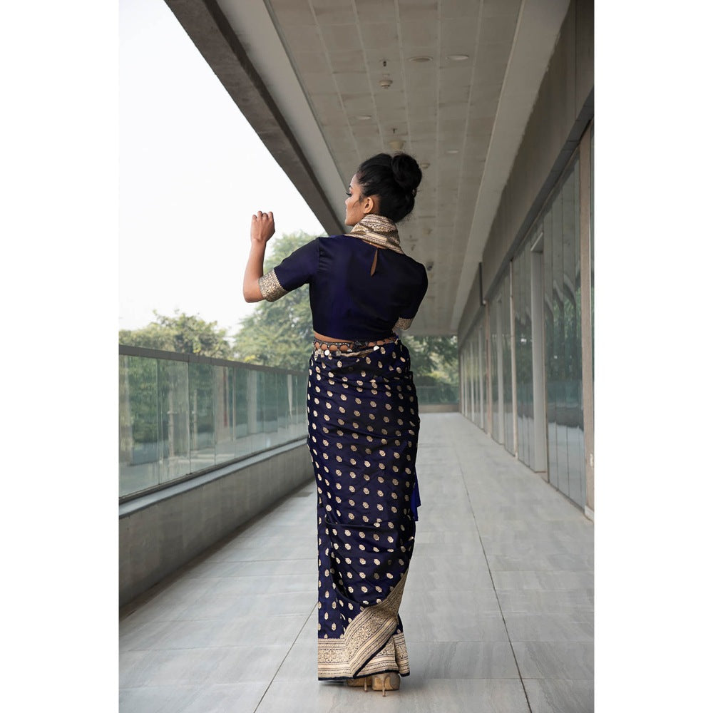 Neha Tarun Navy Blue Pure Katan Silk Saree and Belt with Stitched Blouse