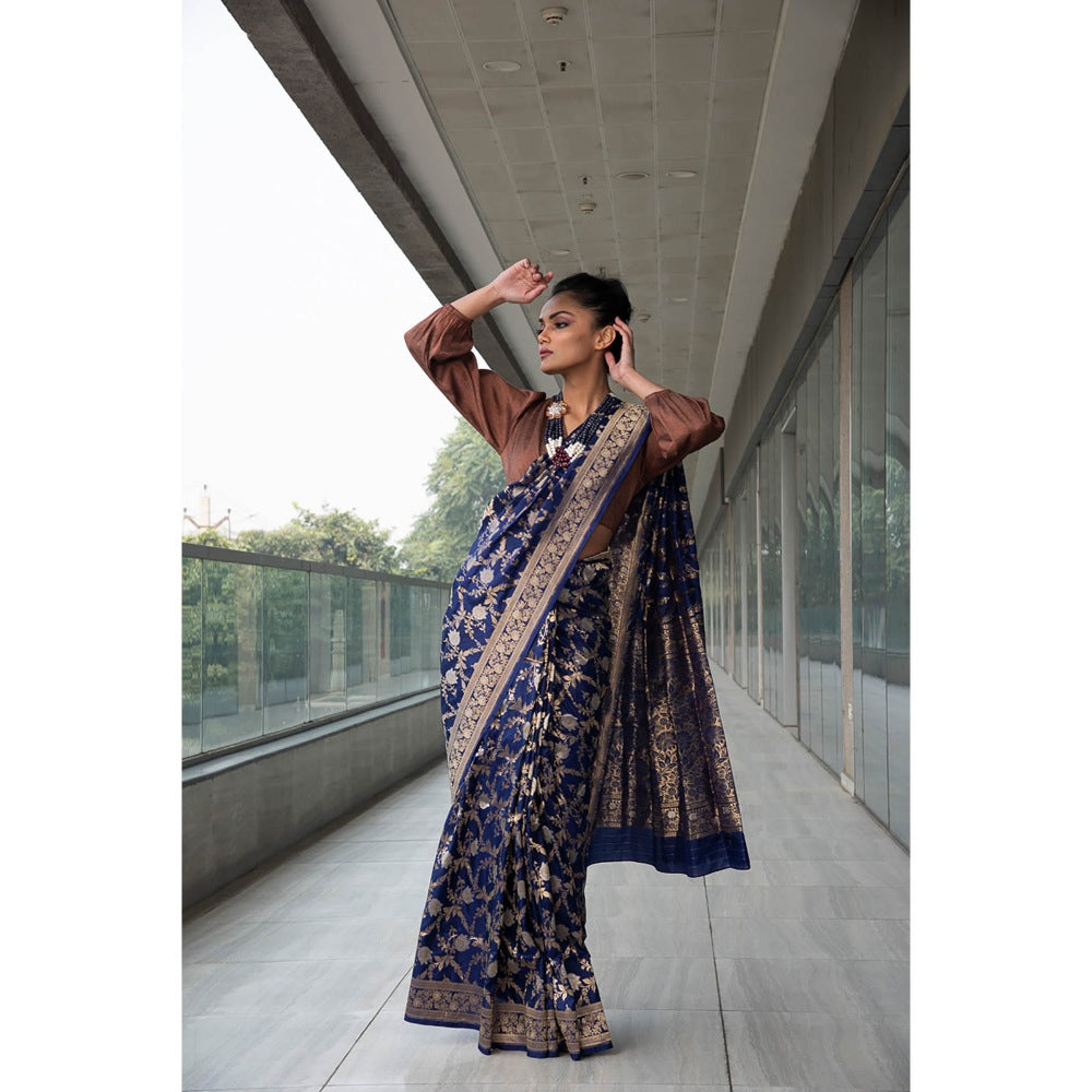 Neha Tarun Navy Blue Pure Katan Silk Saree with Stitched Blouse