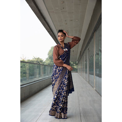 Neha Tarun Navy Blue Pure Katan Silk Saree with Stitched Blouse