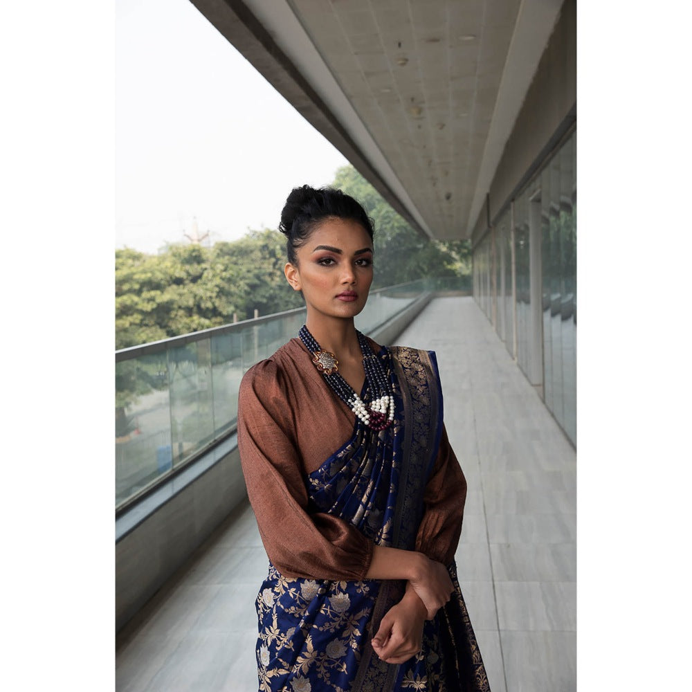 Neha Tarun Navy Blue Pure Katan Silk Saree with Stitched Blouse