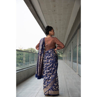 Neha Tarun Navy Blue Pure Katan Silk Saree with Stitched Blouse