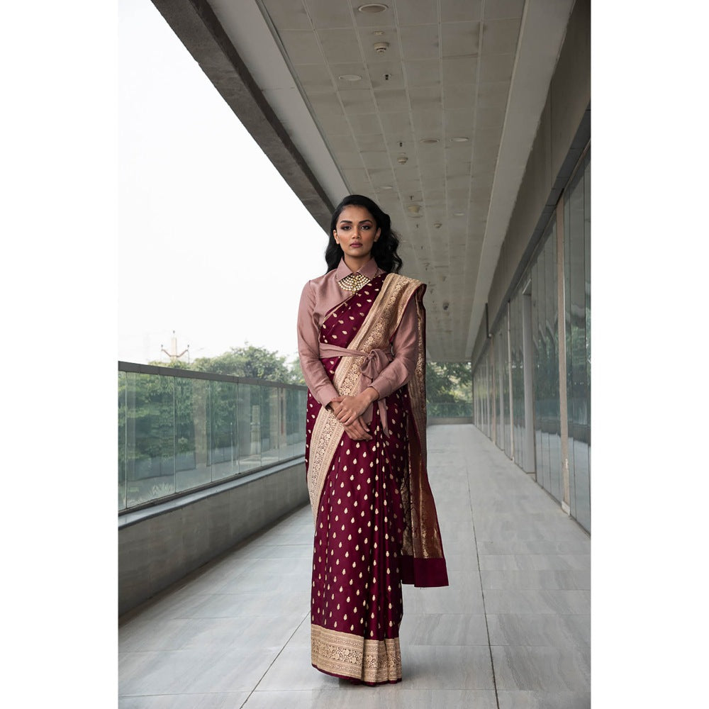 Neha Tarun Maroon Saree with Cropped Shirt Blouse and Belt