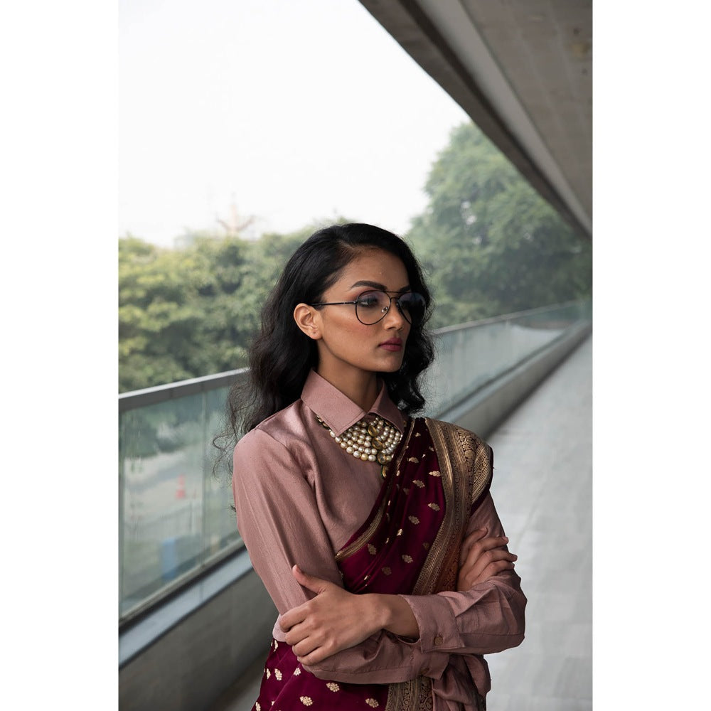 Neha Tarun Maroon Saree with Cropped Shirt Blouse and Belt