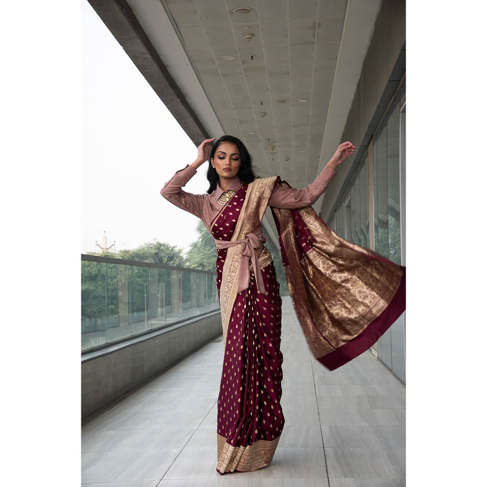 Neha Tarun Maroon Saree with Cropped Shirt Blouse and Belt