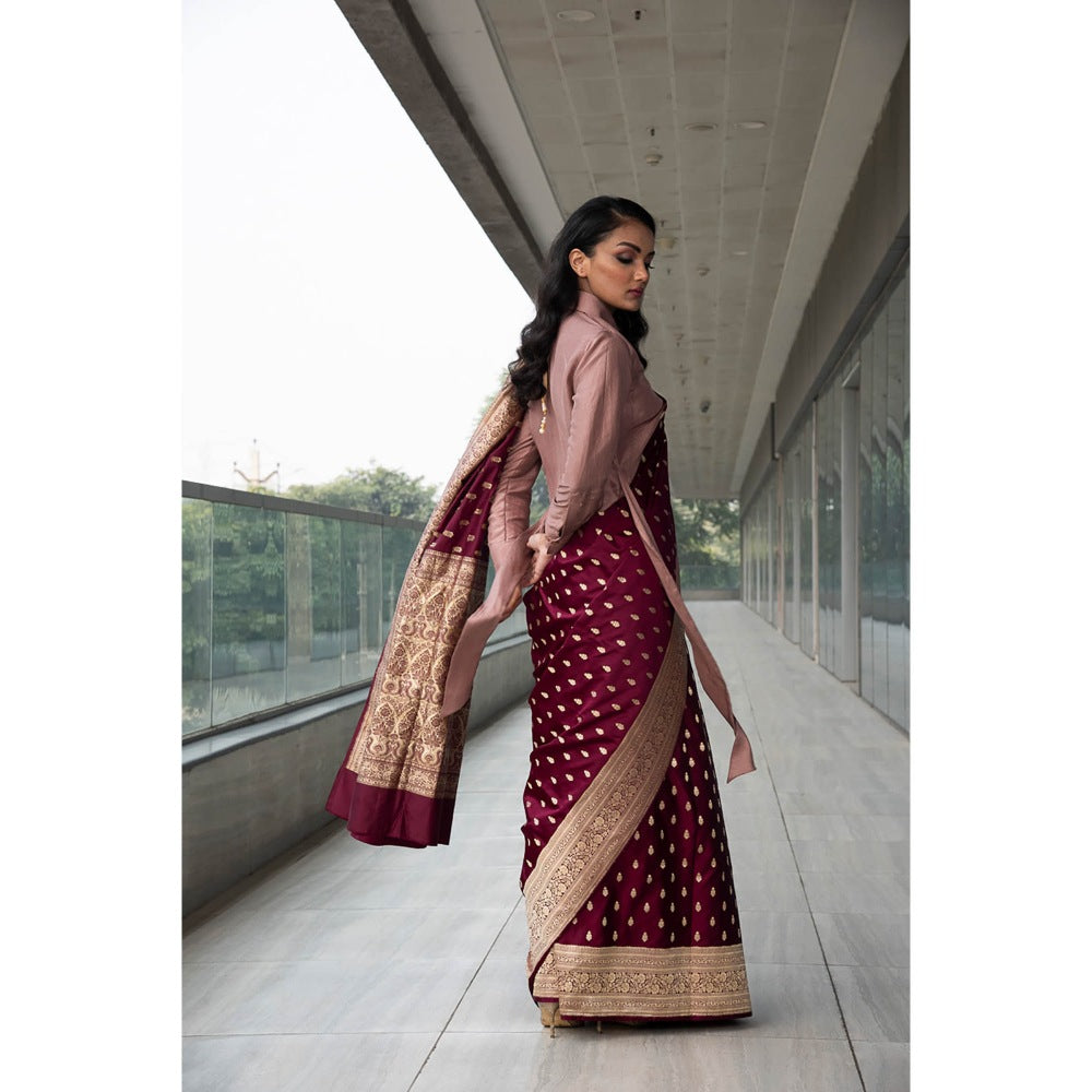 Neha Tarun Maroon Saree with Cropped Shirt Blouse and Belt