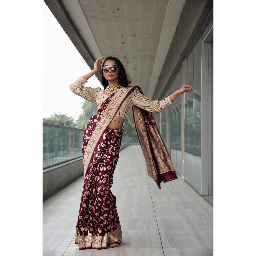 Neha Tarun Maroon Embroidered and Woven Saree and Belt with Stitched Blouse