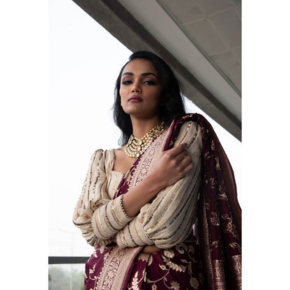 Neha Tarun Maroon Embroidered and Woven Saree and Belt with Stitched Blouse