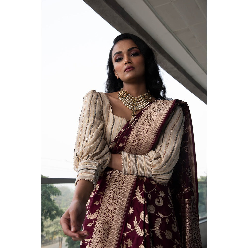 Neha Tarun Maroon Embroidered and Woven Saree and Belt with Stitched Blouse
