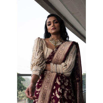 Neha Tarun Maroon Embroidered and Woven Saree and Belt with Stitched Blouse