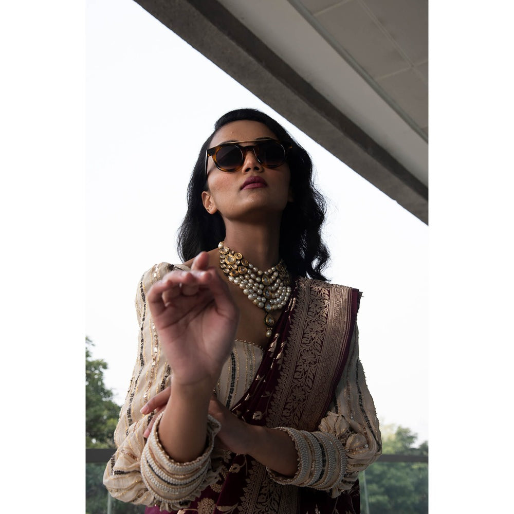 Neha Tarun Maroon Embroidered and Woven Saree and Belt with Stitched Blouse