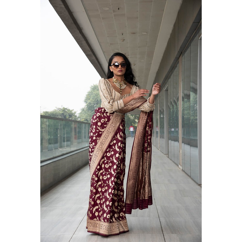 Neha Tarun Maroon Embroidered and Woven Saree and Belt with Stitched Blouse
