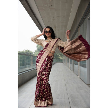 Neha Tarun Maroon Embroidered and Woven Saree and Belt with Stitched Blouse