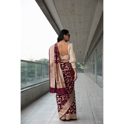 Neha Tarun Maroon Embroidered and Woven Saree and Belt with Stitched Blouse