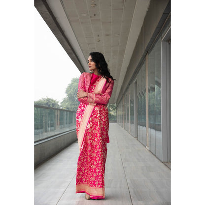 Neha Tarun Pink Woven Saree and Short Jacket with Stitched Blouse