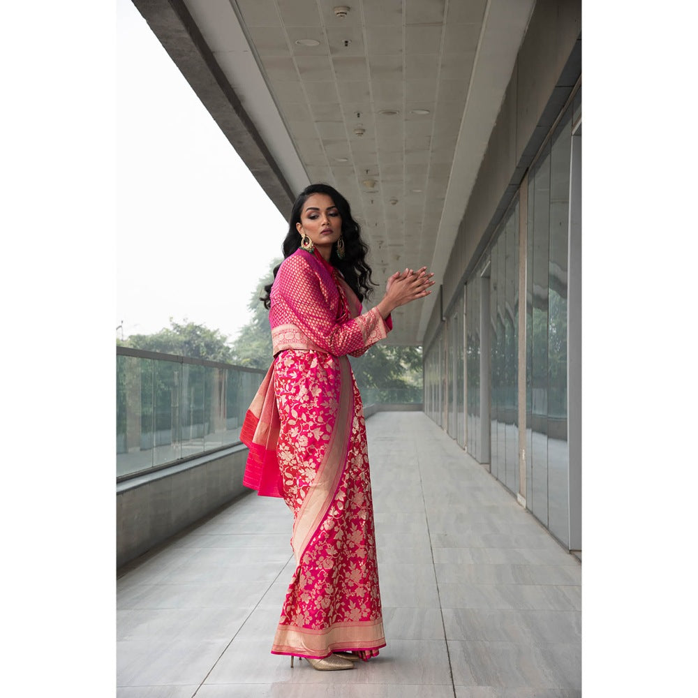 Neha Tarun Pink Woven Saree and Short Jacket with Stitched Blouse