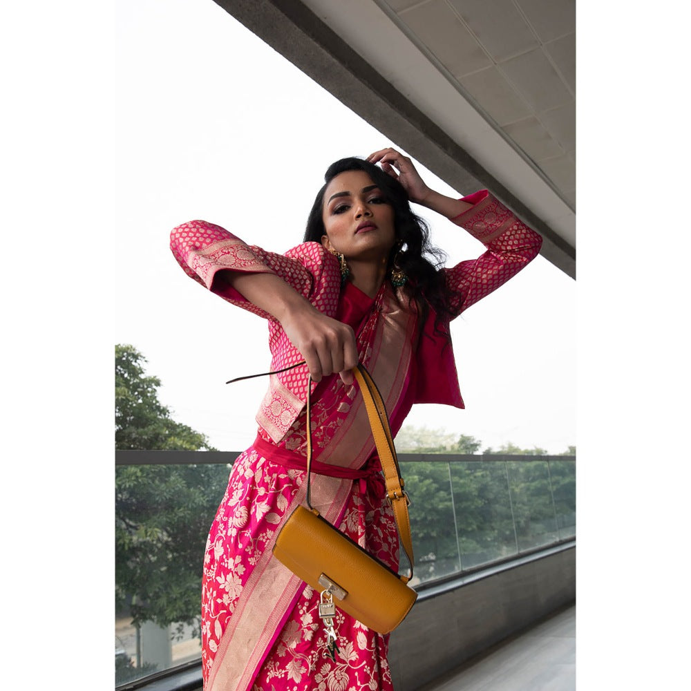 Neha Tarun Pink Woven Saree and Short Jacket with Stitched Blouse