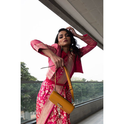 Neha Tarun Pink Woven Saree and Short Jacket with Stitched Blouse