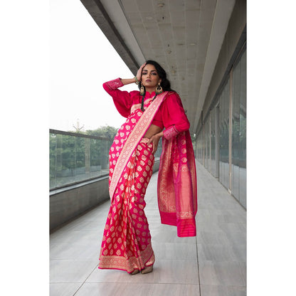 Neha Tarun Pink Woven Saree with Stitched Blouse