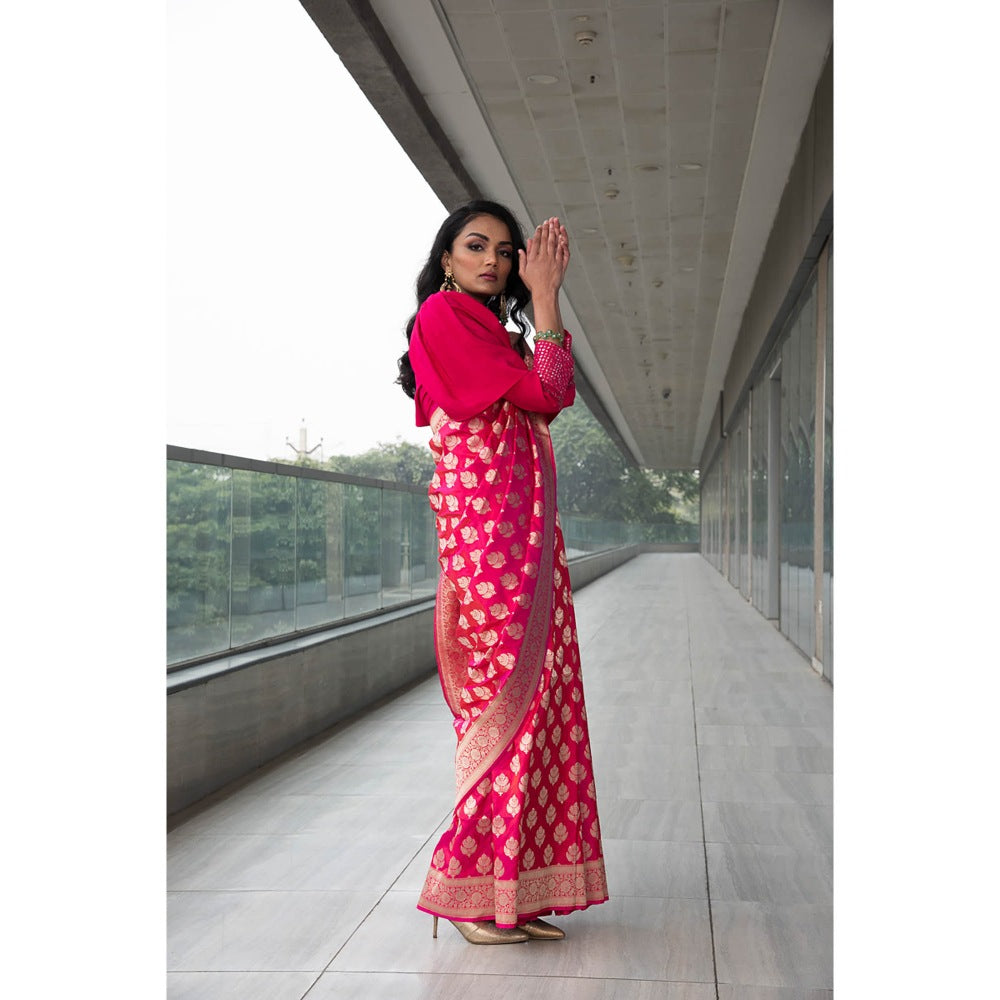 Neha Tarun Pink Woven Saree with Stitched Blouse