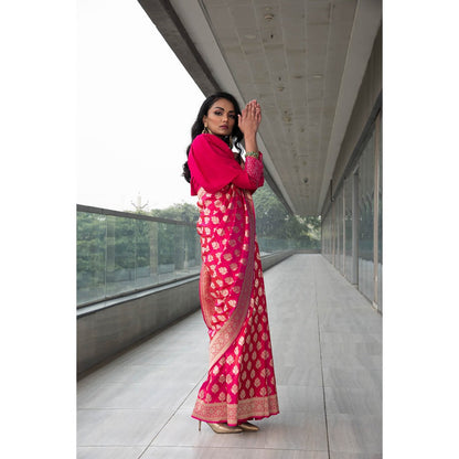 Neha Tarun Pink Woven Saree with Stitched Blouse