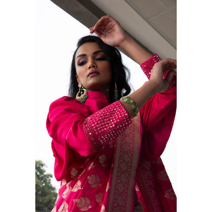 Neha Tarun Pink Woven Saree with Stitched Blouse