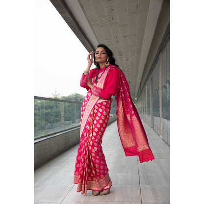 Neha Tarun Pink Woven Saree with Stitched Blouse