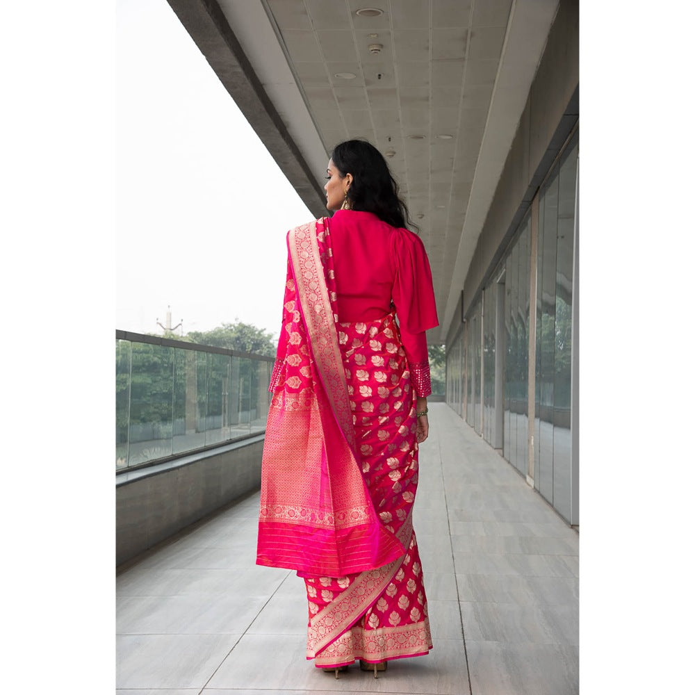 Neha Tarun Pink Woven Saree with Stitched Blouse