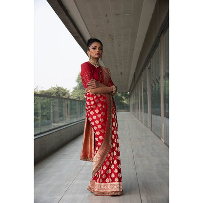 Neha Tarun Red Woven Saree with Stitched Blouse