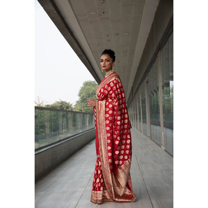 Neha Tarun Red Woven Saree with Stitched Blouse