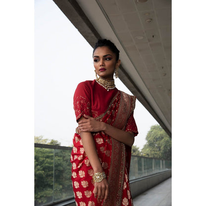 Neha Tarun Red Woven Saree with Stitched Blouse