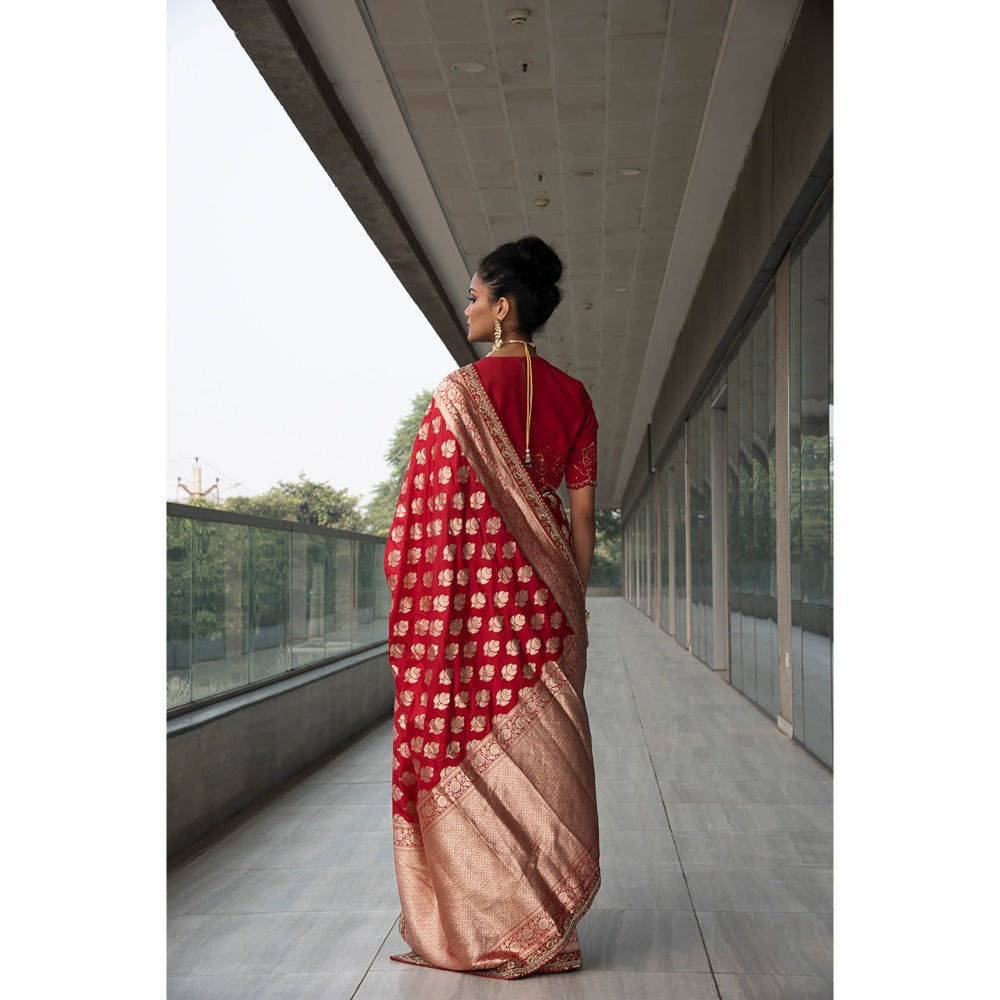 Neha Tarun Red Woven Saree with Stitched Blouse