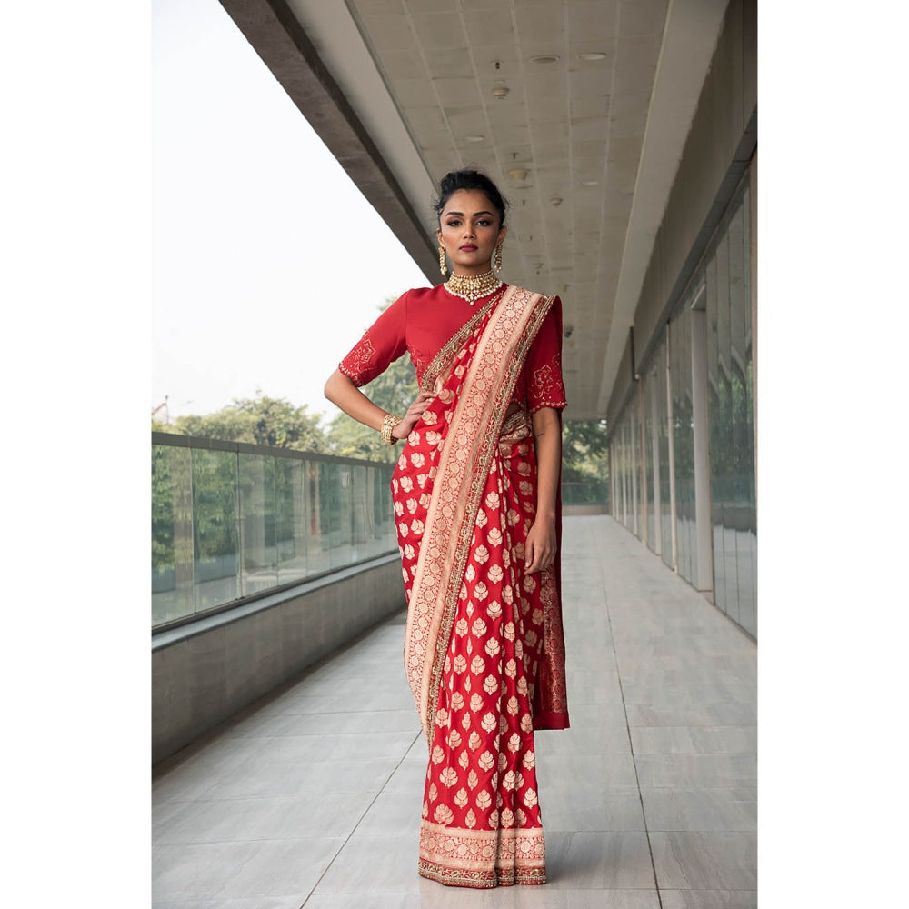 Neha Tarun Red Woven Saree with Stitched Blouse