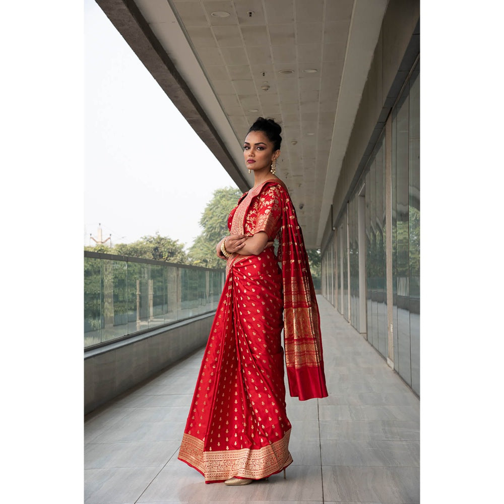 Neha Tarun Red Woven Saree with Stitched Blouse