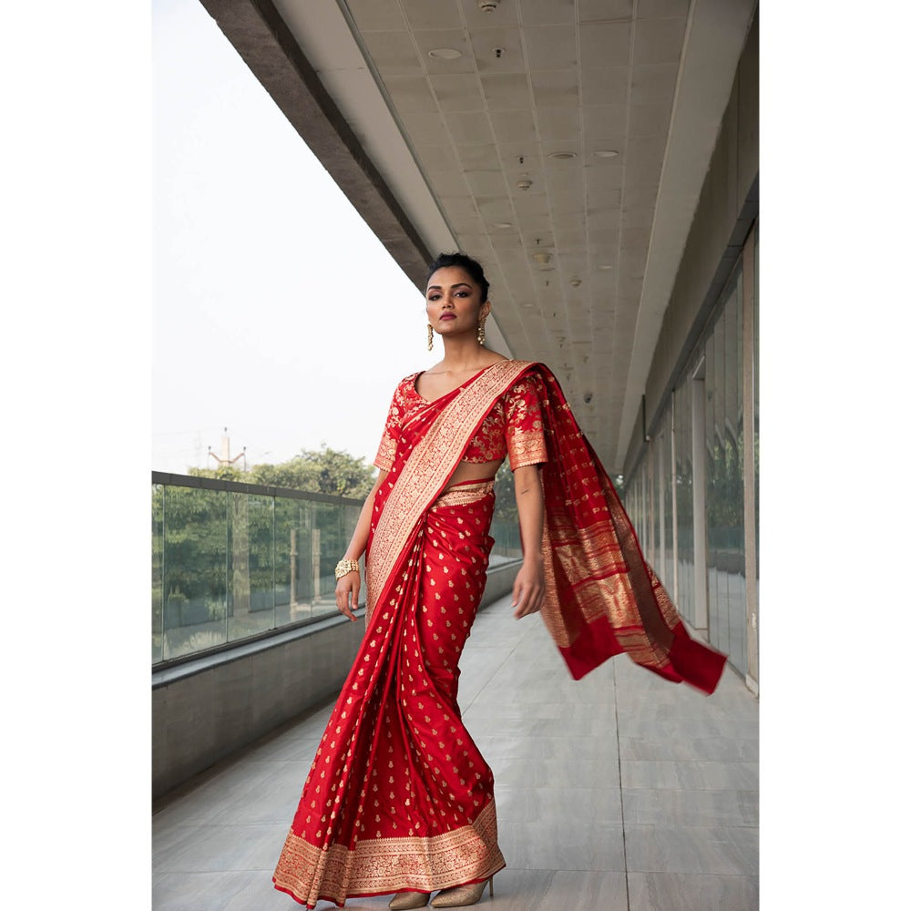 Neha Tarun Red Woven Saree with Stitched Blouse