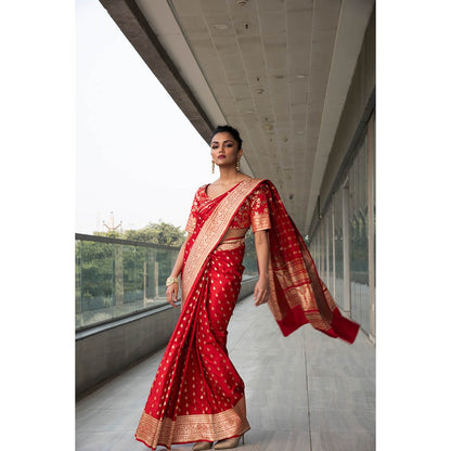 Neha Tarun Red Woven Saree with Stitched Blouse