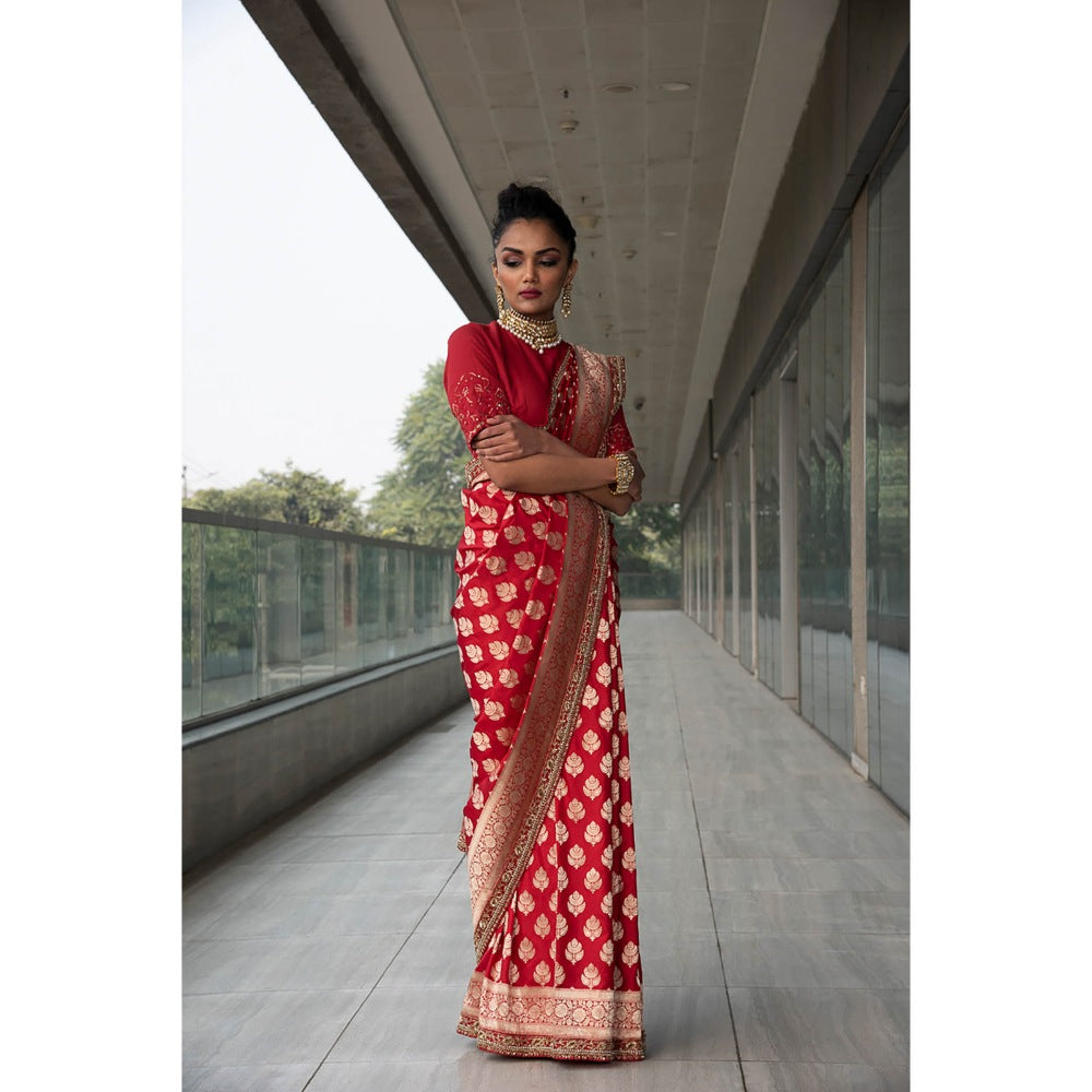 Neha Tarun Red Woven Saree with Stitched Blouse
