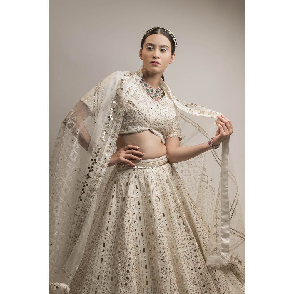 Neha Tarun Ivory Embroidered Lehenga with V Neck Blouse and Dupatta (Set of 3)