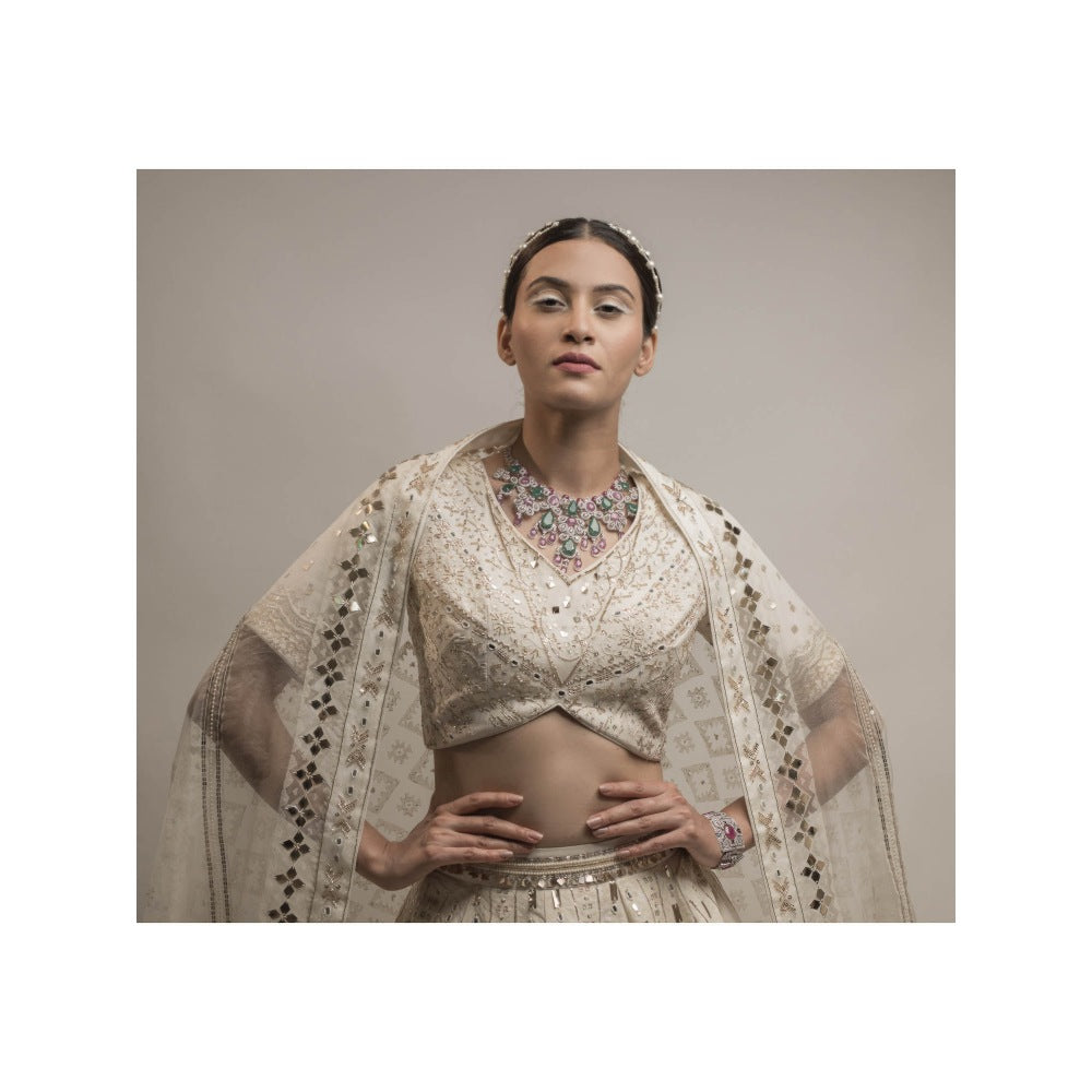 Neha Tarun Ivory Embroidered Lehenga with V Neck Blouse and Dupatta (Set of 3)