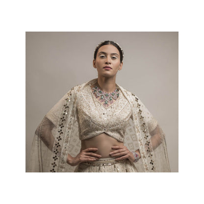 Neha Tarun Ivory Embroidered Lehenga with V Neck Blouse and Dupatta (Set of 3)