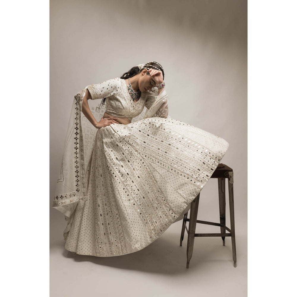 Neha Tarun Ivory Embroidered Lehenga with V Neck Blouse and Dupatta (Set of 3)