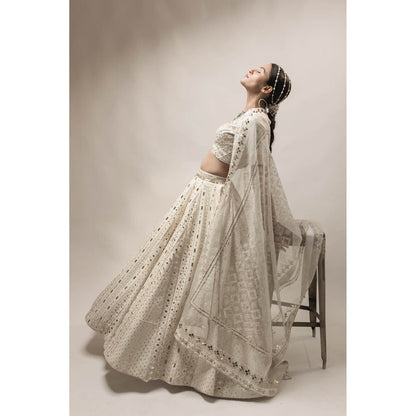 Neha Tarun Ivory Embroidered Lehenga with V Neck Blouse and Dupatta (Set of 3)