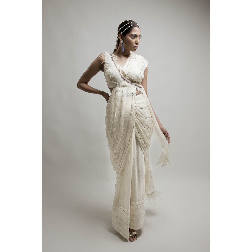 Neha Tarun Ivory Pre Stitched Saree with Stitched Blouse