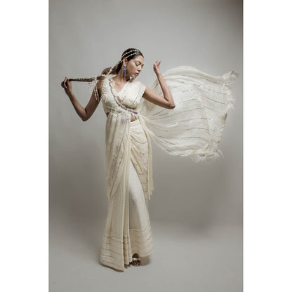 Neha Tarun Ivory Pre Stitched Saree with Stitched Blouse