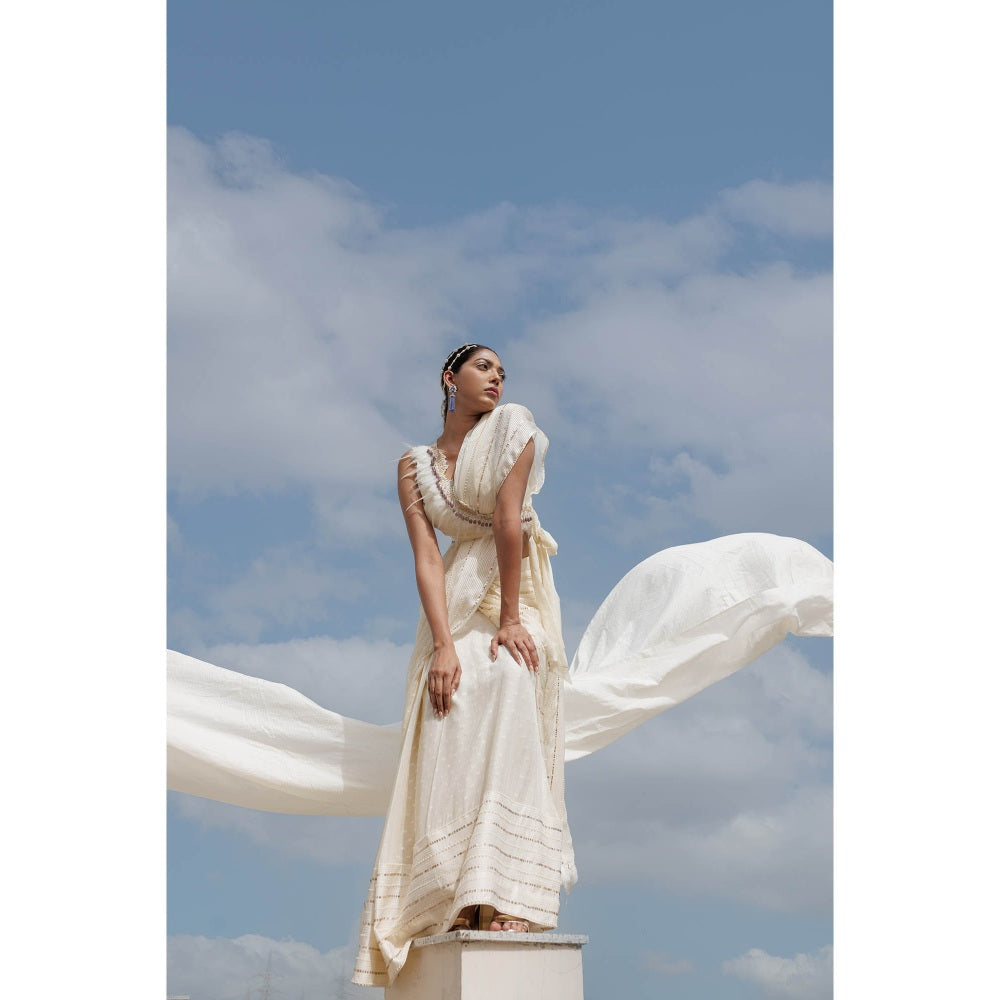 Neha Tarun Ivory Pre Stitched Saree with Stitched Blouse
